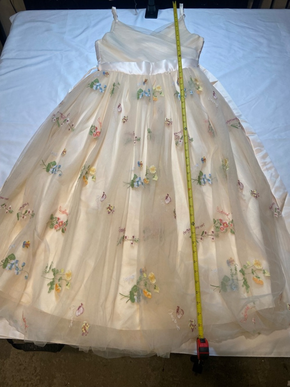 Girls' Cream Floral Embroidered Tulle Dress